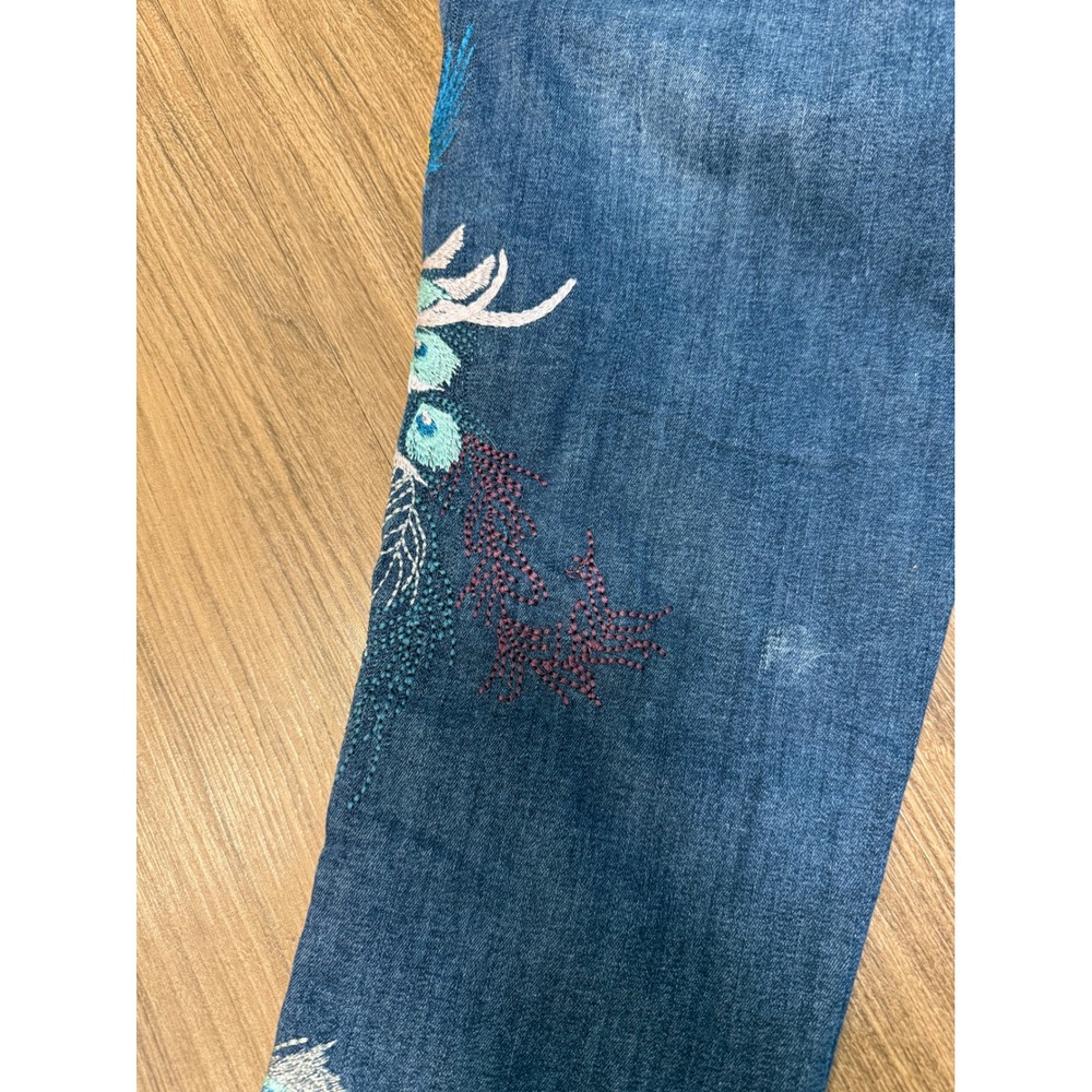 Free People Embroidered Peacock Skinny Jeans Blue Denim Raw Hem Size 27 - Picture 9 of 12
